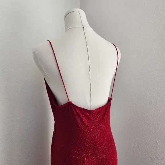 Vintage Y2K City Triangles Red Ruched Maxi Prom Dress Stretchy Spaghetti Strap S - Picture 8 of 13